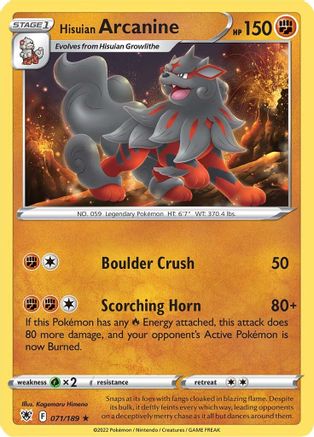 Hisuian Arcanine 071/189  SWSH10 Astral Radiance - Rare